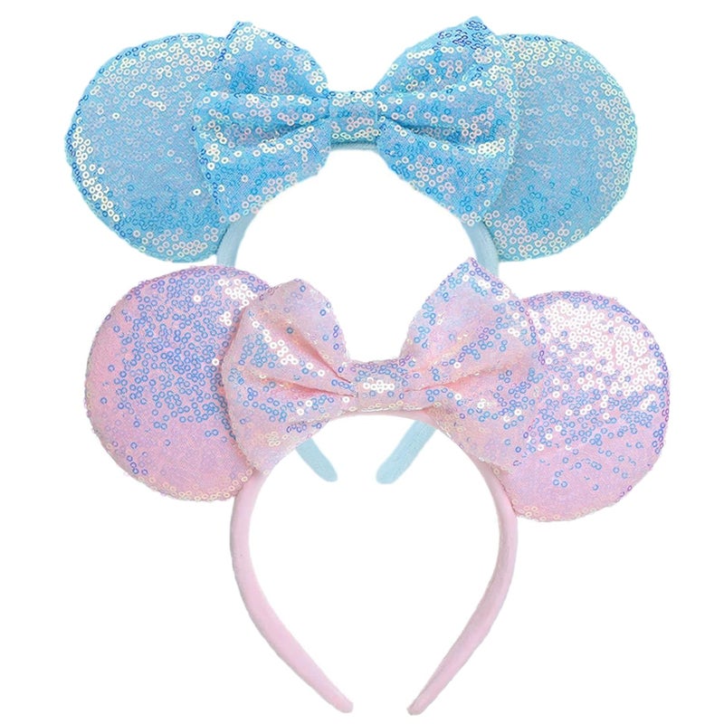 KICOFIT Mouse Ears Headbands Women Mice Ears Headhand Bows Shiny Glitter Birthday Party Themed Events (Blue sequin, One size) - Image 3